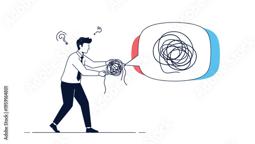 Determined businessman untangles a chaotic mess from a speech bubble to illustrate problem solving and mental clarity processes.