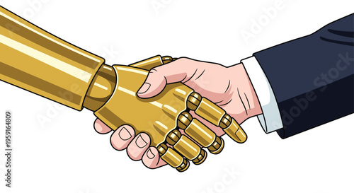 A human hand wearing a dark suit sleeve is firmly shaking a golden, segmented robotic hand against a plain white background.