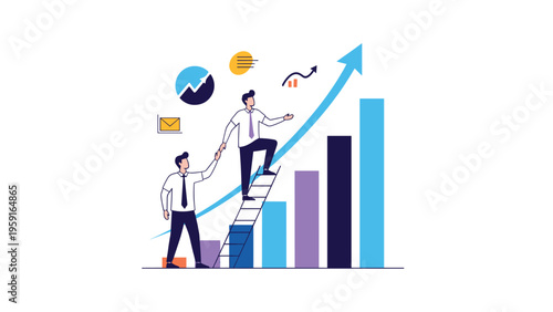 Two professional businessmen help each other climb a growth bar chart toward a rising arrow representing teamwork and success.