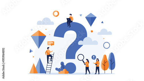 Small group of people explores and interacts with a giant blue question mark to represent the search for answers and information.