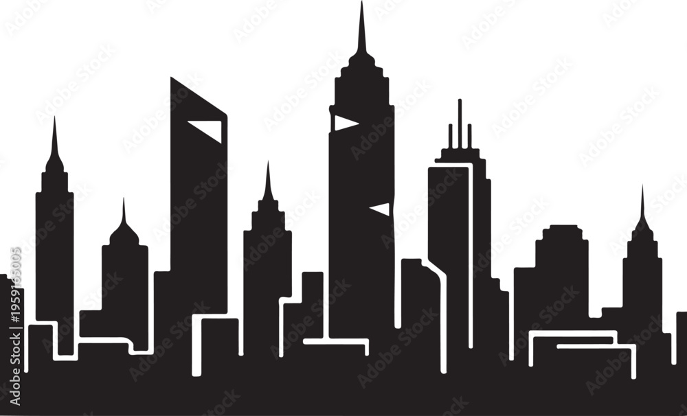Naklejka premium City skyline, urban landscape, black silhouette, modern cityscape, vector illustration