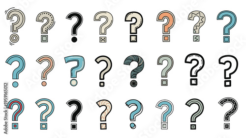 Wide variety of question mark symbols in different artistic styles colors and patterns isolated on white background.