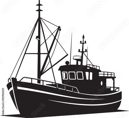 Vintage fishing boat vector silhouette, nautical commercial trawler icon, black and white maritime vessel illustration for seafood industry branding
