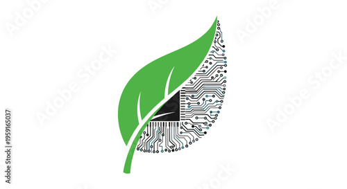 A green leaf is depicted with its right side displaying a dense, dark circuit board pattern including a black triangular element on a clean white background.