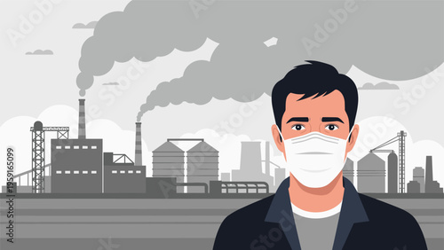 Man wearing protective medical face mask standing in front of industrial factory silhouettes emitting thick grey smoke into the air.