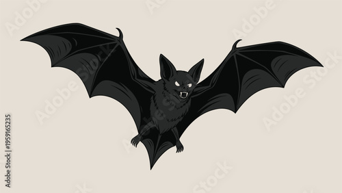 Detailed illustration of a black bat with wings spread wide and sharp fangs visible while flying against a beige background.