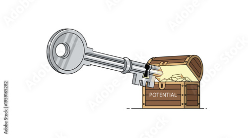 A large silver key is inserted into an open wooden treasure chest filled with glowing gold coins on a white background.