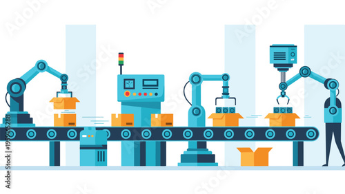 Modern automated industrial factory with robotic arms working on a conveyor belt to assemble and pack cardboard boxes.