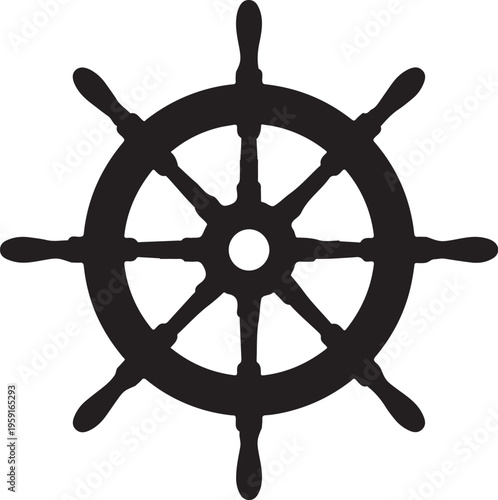 Nautical ship wheel silhouette, black maritime steering helm vector icon, vintage wooden boat wheel graphic for marine sailing and ocean travel logos
