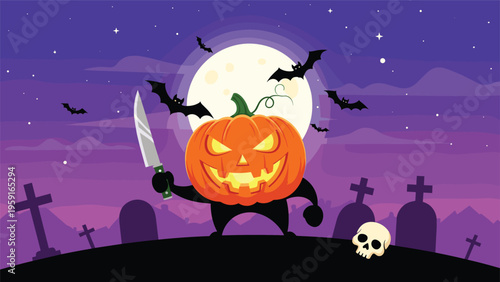 Spooky character with a glowing jack-o-lantern head holding a sharp knife in a dark graveyard under a full moon with bats.