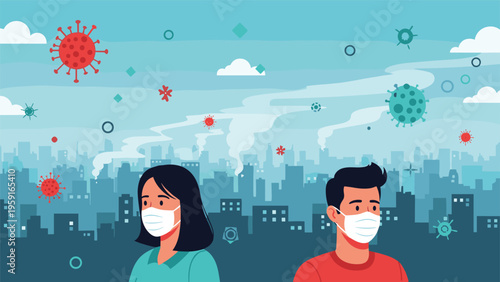 Man and woman wearing medical masks standing in a polluted city with floating virus particles and smoke on a teal background.