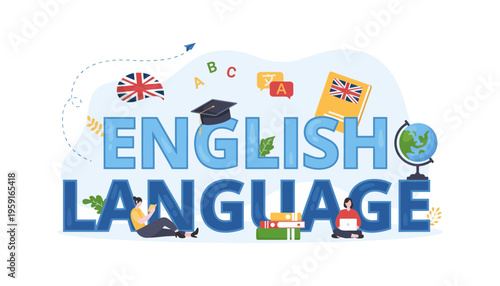 English language learning illustration with educational icons and symbols