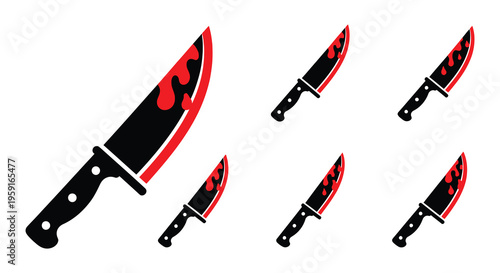 Three large and three small knives with black blades and red handles