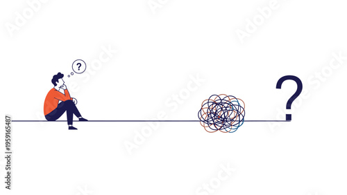 Pensive man sits on a line while contemplating a tangled mess and a large question mark representing complex problem solving ideas.