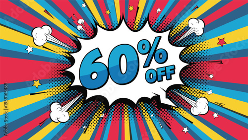 Comic book style sixty percent off promotional burst features vibrant colorful rays and decorative stars for marketing and sales.