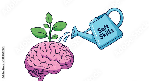A pink human brain with a green plant growing from its top is being watered by a blue watering can labeled Soft Skills on a white background.