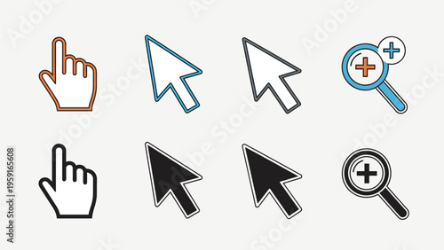 Comprehensive set of computer mouse cursor icons and magnifying glass zoom tools in various styles and colors for web design.