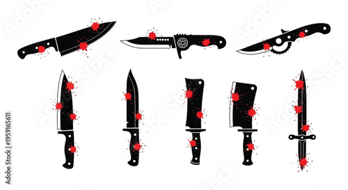 Three large and three small knives with black blades and red handles