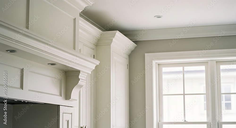 Fototapeta premium Modern kitchen interior with white custom cabinetry and window