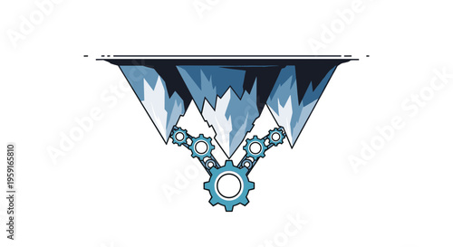 A pixelated illustration depicts seven interconnected blue gears supporting an inverted mountain range on a pristine white background.
