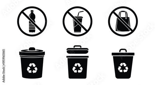 Prohibited items and recycling bins a set of black and white icons