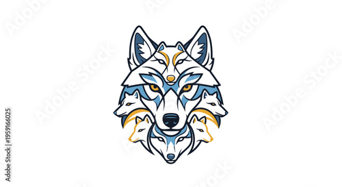 A large, stylized wolf head is intricately composed of several smaller wolf heads and abstract geometric shapes in shades of blue, white, and yellow.