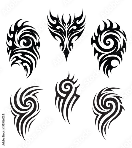 Bold tribal tattoo sketch set, black patterns on a white background collection. Each design flows with sharp, curving lines and swirling motifs. Stylized shapes echo ancient cultural symbols and warri