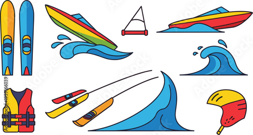 Water Sports and Surfing Icon Set with Skis Surfboard Boat Waves Life Jacket and Equipment Flat Vector Illustration Collection