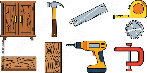 Woodworking and Carpentry Icon Set with Cabinet Hammer Saw Drill Clamp Measuring Tape and Wood Materials Flat Vector Illustration Collection
