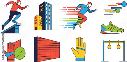 Parkour and Urban Sport Icon Set with Runner Jumping Obstacles City Buildings Shoes Gloves and Training Equipment Flat Vector Illustration Collection