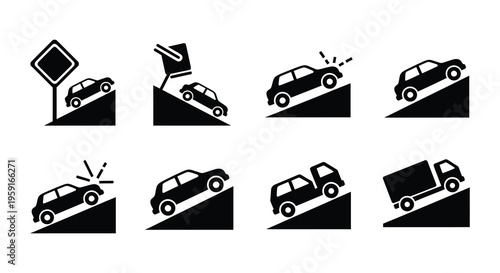 Steep hill warning signs depicting vehicles ascending and descending slopes