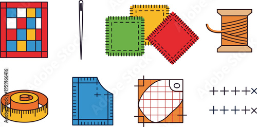 Sewing and Tailoring Icon Set with Needle, Thread Spool, Fabric Patches, Measuring Tape, Pattern Drafting and Stitching Illustration