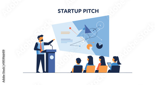 A bearded man in a suit gives a Startup Pitch presentation at a podium, gesturing towards a large screen with charts to an audience of four.