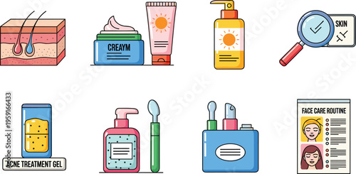 Skincare and Dermatology Icon Set with Acne Treatment, Sunscreen, Face Care Routine, Cream, Serum, Skin Analysis and Beauty Products Illustration