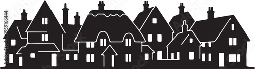 Black silhouette houses, residential buildings, urban landscape, vector icons