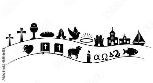 Christianity symbols and religious icons on a wavy line.