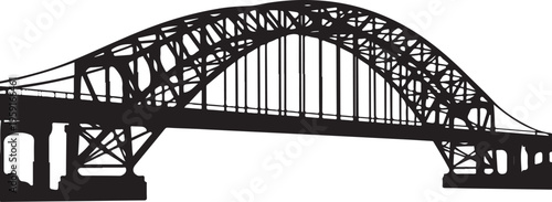 Black silhouette steel bridge, industrial metal arch bridge, vector illustration, construction design element