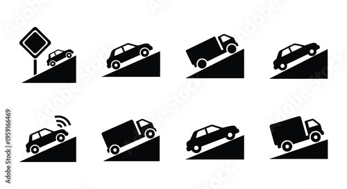 Steep hill warning signs depicting vehicles ascending and descending slopes
