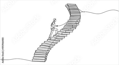 A single person walks up a curving staircase made of stacked books on a plain white background.