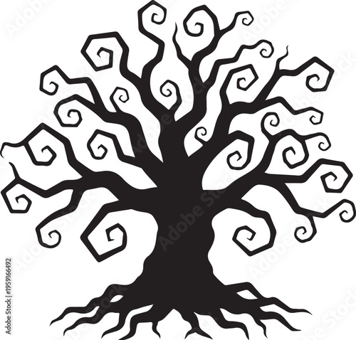 Black Tree Silhouette with Twisted Branches and Roots Illustration