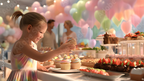 5-Year-Old Girl Reaching for Rainbow Cupcake