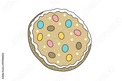 One illustration of dragee cookie, isolated on white background. Cartoon vector design. Multicolored dragees and white icing. Confectionery product.