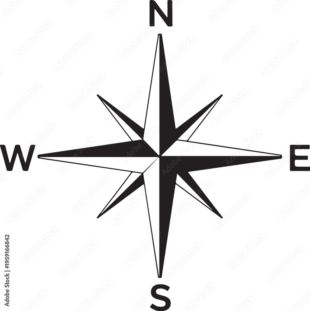 Fototapeta premium Compass rose, navigation symbol, directional icon, black vector graphic