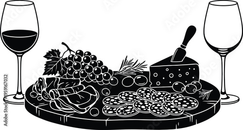 Wine charcuterie platter silhouette vector illustration gourmet dining design