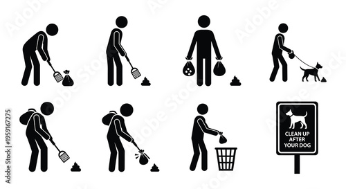 Stick figures depict people cleaning up after dogs in a park