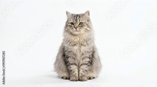 Fluffy Silver Tabby Cat Sitting on White Background