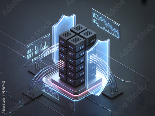 Server Rack Security Data Protection Network Infrastructure Digital Shield Abstract Technology