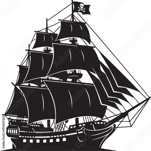 Pirate ship, sailing vessel, black silhouette, white background, vector illustration