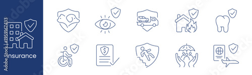 Insurance set icon. Collection with building, pet protection, eye coverage, car transport shield, house fire shield, tooth, wheelchair shield, policy document check, accident