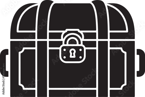Black treasure chest icon, locked trunk symbol, vector chest illustration, security box